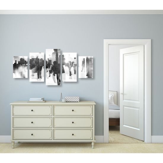 5-dielny obraz odrazy ľudí v rušnom meste v čiernobielom prevedení