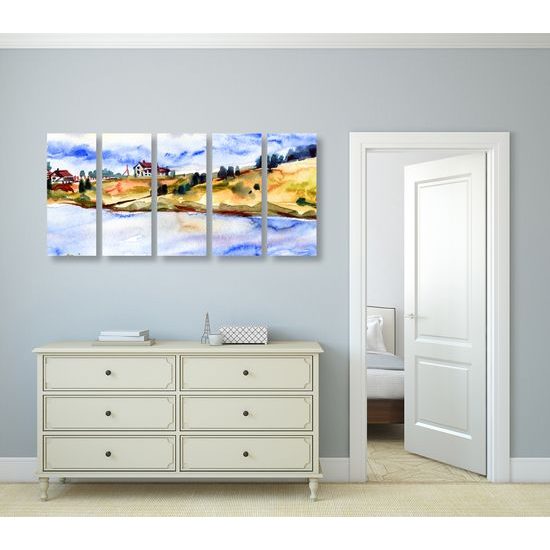 5-dielny obraz maľba dediny na brehu rieky