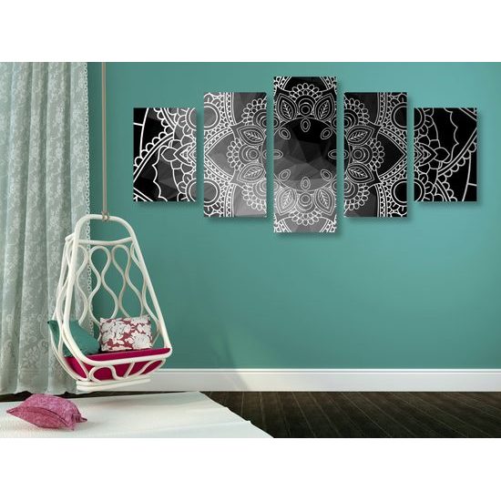 5-dielny obraz Mandala v čiernobielom prevedení