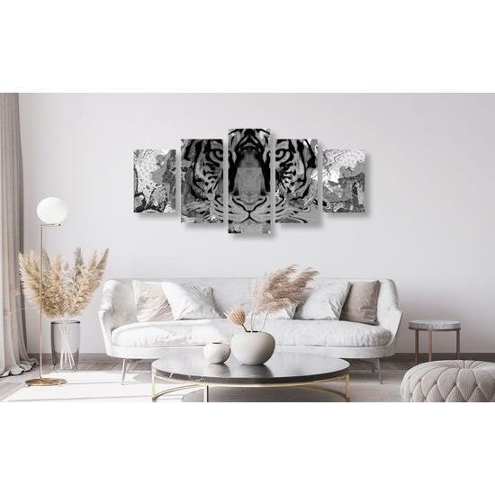 5-dielny obraz abstraktný tiger v čiernobielom prevedení