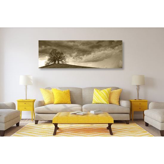 Obraz stromy na vrchole kopca v sépiovom prevedení