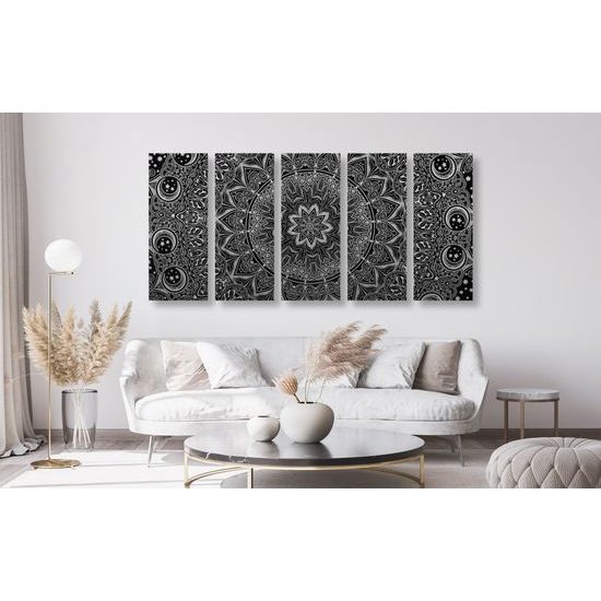 5-dielny obraz starodávna Mandala v čiernobielom prevedení