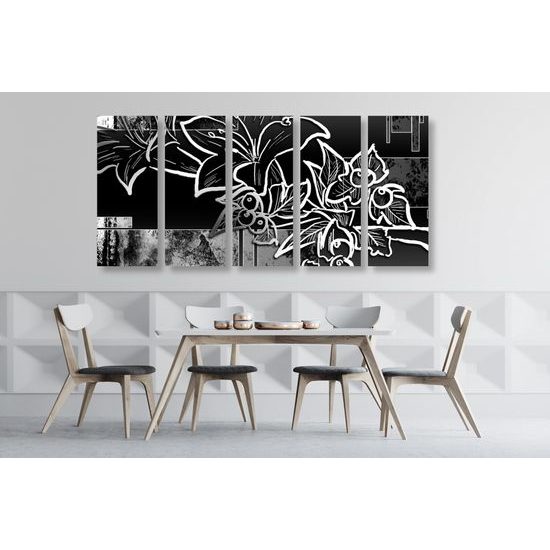 5-dielny obraz abstraktná kvetina v čiernobielom prevedení