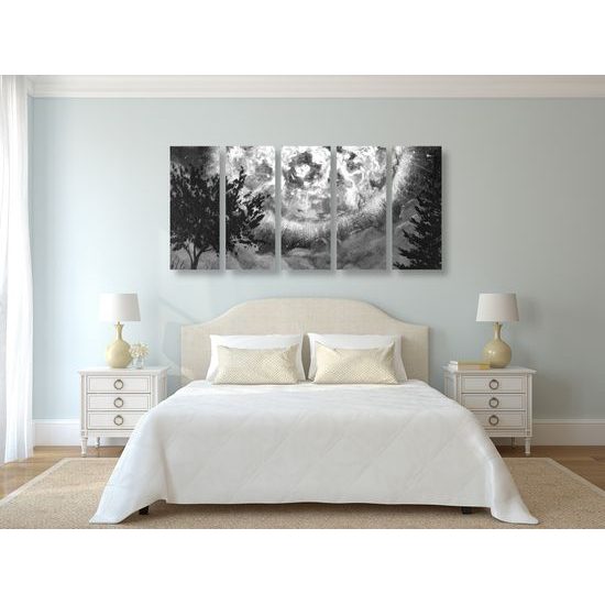 5-dielny obraz magický spln v čiernobielom prevedení