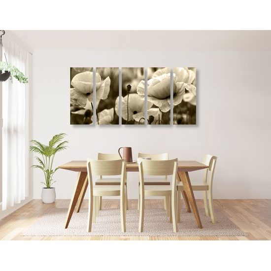 5-dielny obraz jedinečné divé maky v sépiovom prevedení