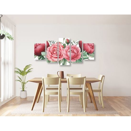 5-dielny obraz nežné splynutie ruží a listov
