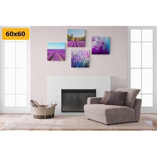 Set obrazov levanduľové polia s fialovou abstrakciou