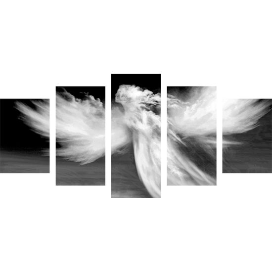 5-dielny obraz anjel tvorený oblakmi v čiernobielom prevedení