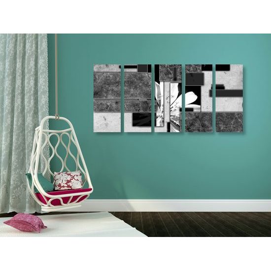 5-dielny obraz kvet v čiernobielom ráme