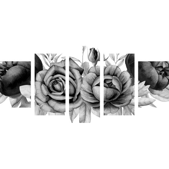 5-dielny obraz nežné splynutie ruží a listov v čiernobielom prevedení