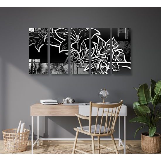 5-dielny obraz abstraktná kvetina v čiernobielom prevedení