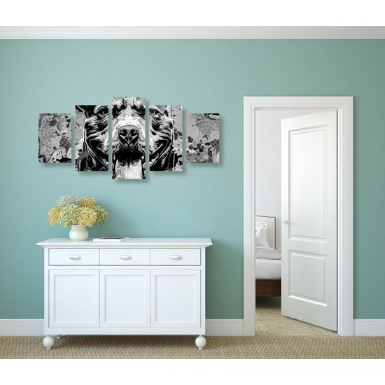 5-dielny obraz abstrakcia psa v čiernobielom prevedení