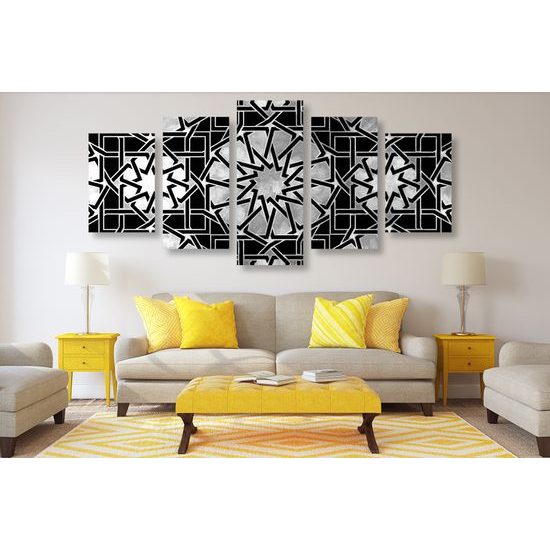 5-dielny obraz strieborná mandala v čiernobielom prevedení