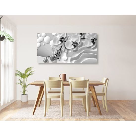 Obraz jemné znázornenie orchidei v čiernobielom prevedení