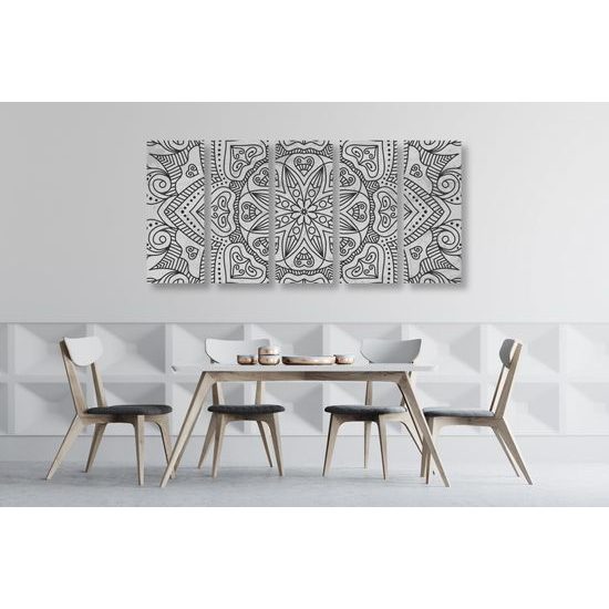 5-dielny obraz starodávna Mandala v čiernobielom prevedení