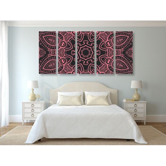 5-dielny obraz Mandala v indickom štýle v ružovom prevedení