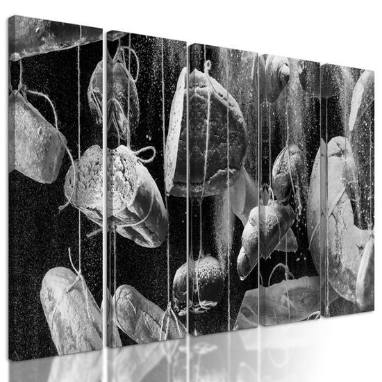 5-dielny obraz visiace pečivo v čiernobielom prevedení