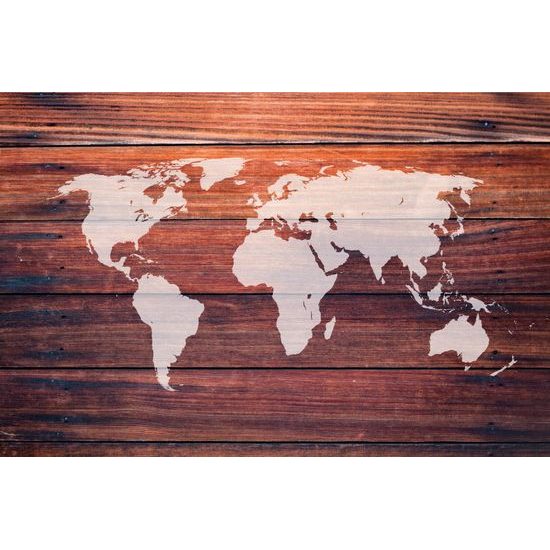 Samolepiaca tapeta moderná mapa sveta na drevenom podklade