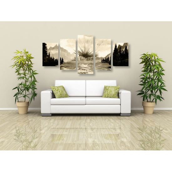 5-dielny obraz maľovaná horská krajinka v sépiovom prevedení