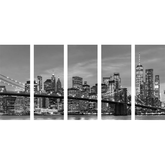 5-dielny obraz nočný pohľad na most Brooklyn v čiernobielom prevedení