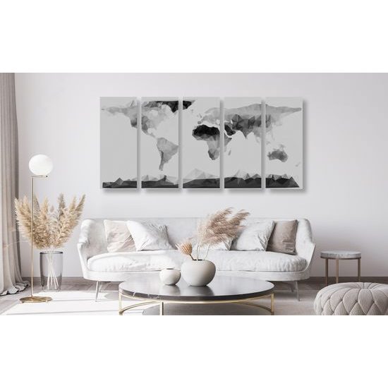 5-dielny obraz mapa sveta tvorená mnohouholníkmi v čiernobielom prevdení