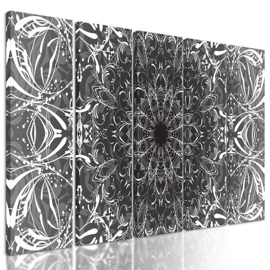 5-dielny obraz nádherná Mandala v čiernobielom prevedení