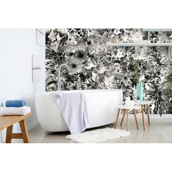 Zaujímavá samolepiaca tapeta rozmanitosť kvetov v čiernobielom prevedení