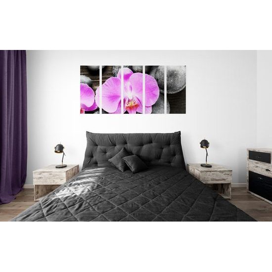 5-dielny obraz orchidea a Zen kamene na drevenom pozadí
