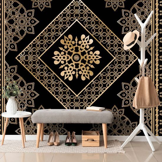 Samolepiaca tapeta nádherný zlatý ornament na čiernom pozadí