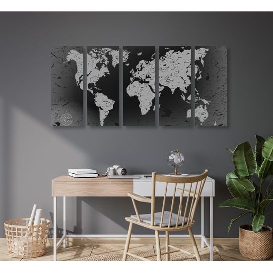 5-dielny obraz vintage mapa v čiernobielom prevedení