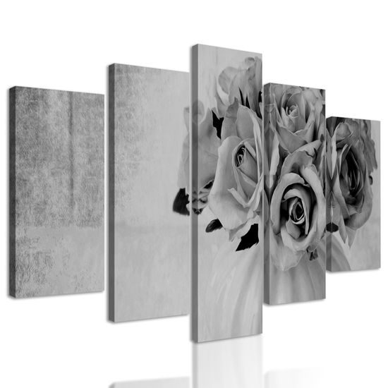 5-dielny obraz malé ružičky v čiernobielom prevedení