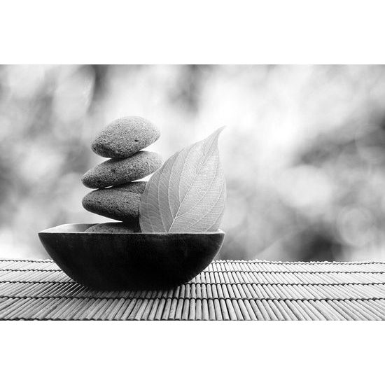 Jedinečná čiernobiela fototapeta miska so zen kameňmi