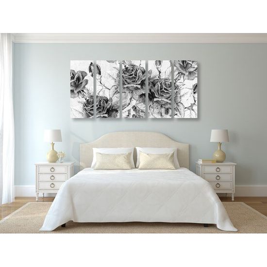 5-dielny obraz divé ruže v čiernobielom prevedení