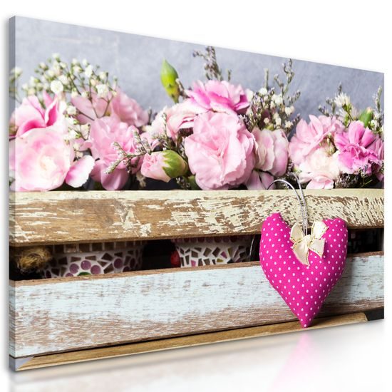Obraz kvety karafiátu a ružové srdiečko