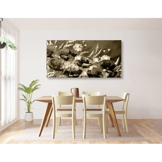 Obraz maľované maky na lúke v čiernobielom prevedení