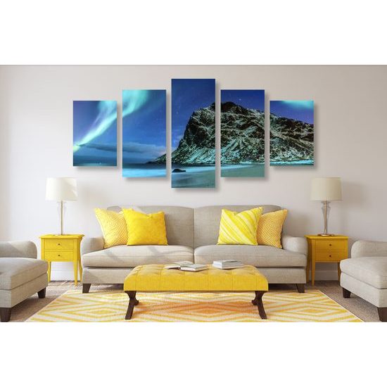 5-dielny obraz modro-zelená polárna žiara v Nórsku