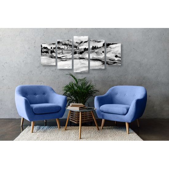 5-dielny obraz akavarelové Talianske mestečko v čiernobielom prevedení