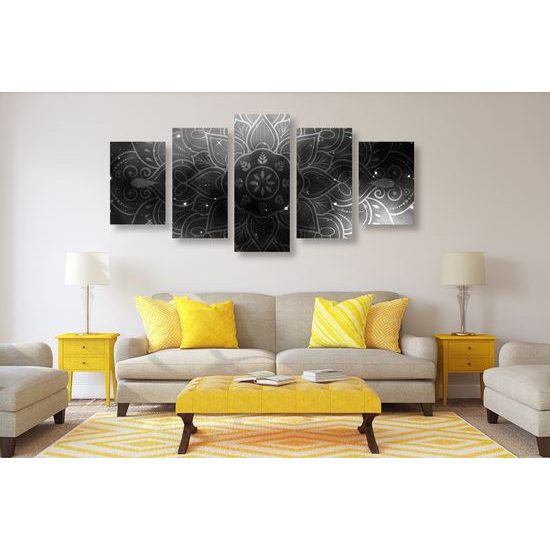 5-dielny obraz Mandala s vesmírnym pozadím v čiernobielom prevedení