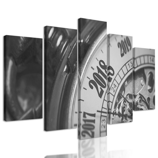 5-dielny obraz historické vreckové hodinky v čiernobielom prevedení