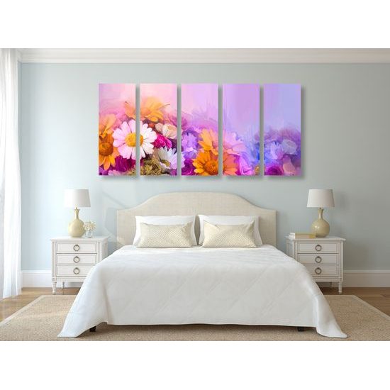 5-dielny obraz olejomaľba kvetov v pastelových odtieňoch