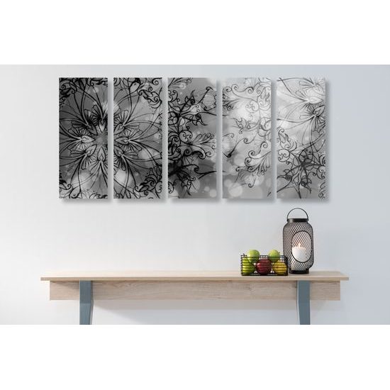 5-dielny obraz ružová Mandala v čiernobielom prevedení