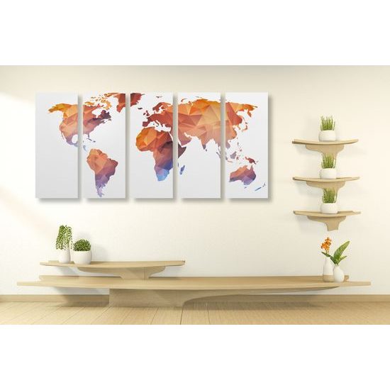 5-dielny obraz oranžová mapa sveta tvorená polygónmi