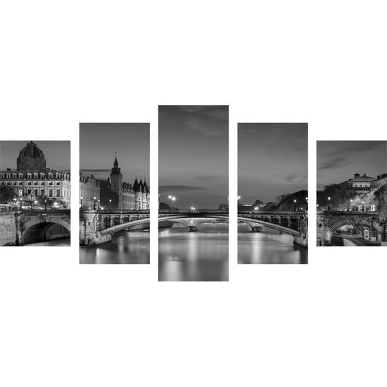 5-dielny obraz okúzľujúci nočný Paríž v čiernobielom prevedení