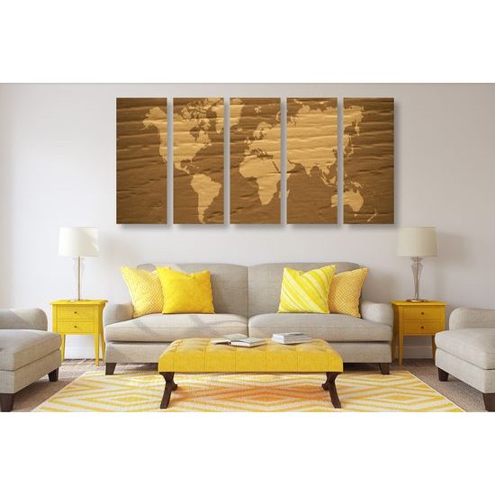 5-deilny obraz nádherná mapa sveta v hnedom prevedení