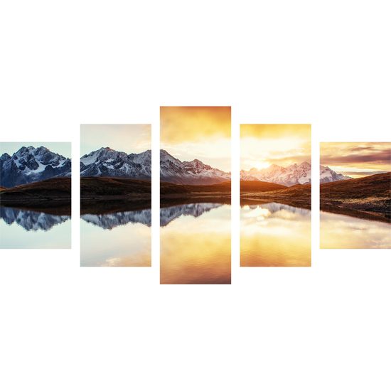 5-dielny obraz fascinujúci západ slnka nad horským plesom