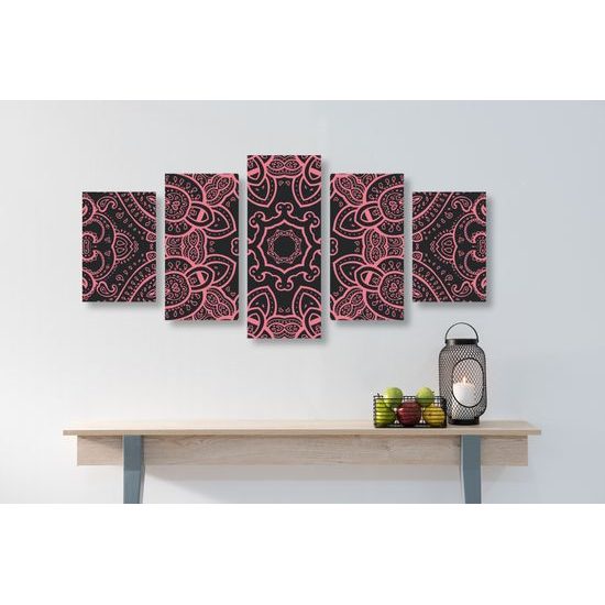 5-dielny obraz Mandala v indickom štýle v ružovom prevedení
