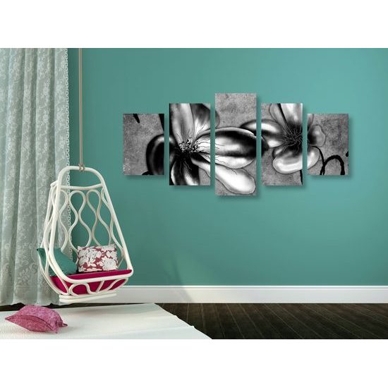5-dielny obraz čiernobiele umelecké kvety vo vintage prevedení