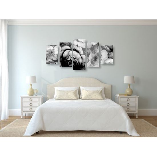 5-dielny obraz abstraktná maľba kvetín v čiernobielom prevedení
