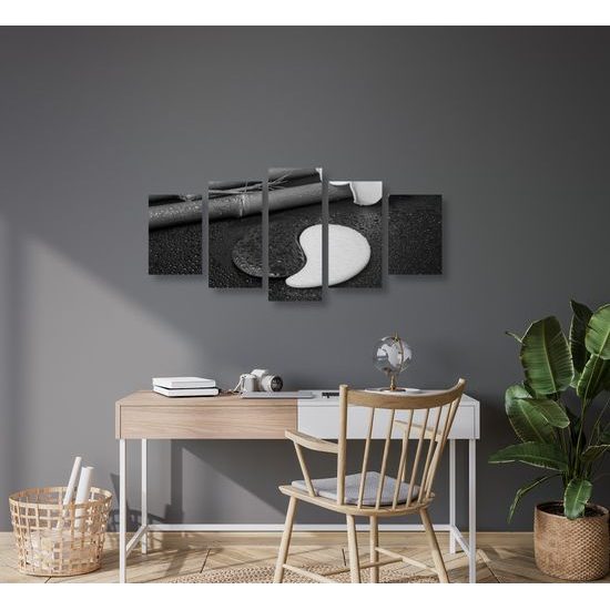 5-dielny obraz bambusové zátišie so symbolom Jin a Jang v čiernobielom prevedení