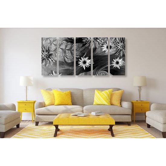 5-dielny obraz nádherné kvety s tajomným pozadím v čiernobielom prevedení